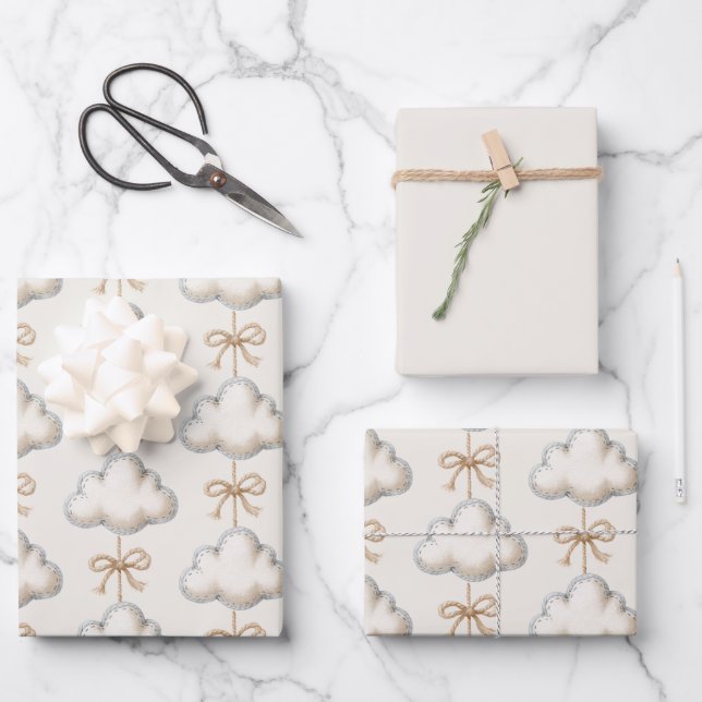Cream Blau Cloud Nine Baby Shower Geschenkpapier Set (Vorderseite)