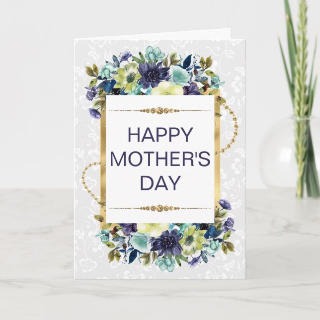 Cream & Blaue Blumen & Gold Glitter Muttertag Karte (Vorderseite)