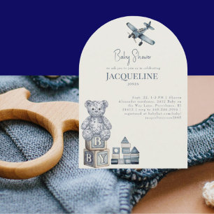 Cream & Blue Baby Spielzeug Arch Babyparty Einladung