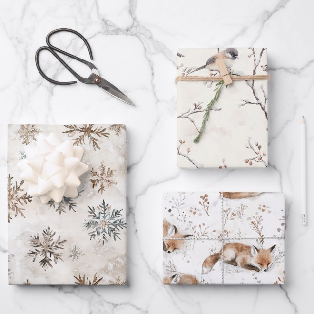 Cream Blue Brown Snowflakes Birds Fox Christmas Geschenkpapier Set (Vorderseite)