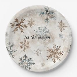 Cream Blue Brown Snowflakes Christmas Pappteller