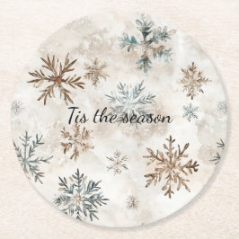 Cream Blue Brown Snowflakes Christmas Runder Pappuntersetzer