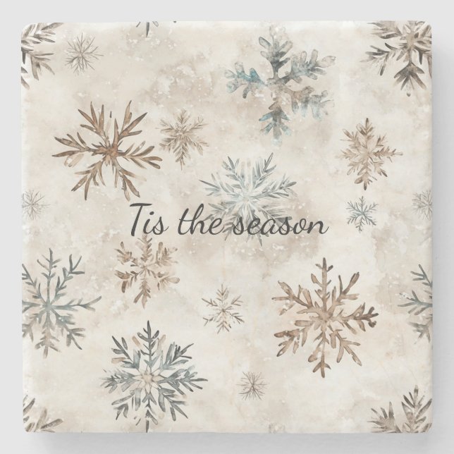 Cream Blue Brown Snowflakes Christmas Steinuntersetzer (Vorderseite)