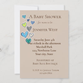 Cream Blue Green Hearts Baby Dusche Einladung