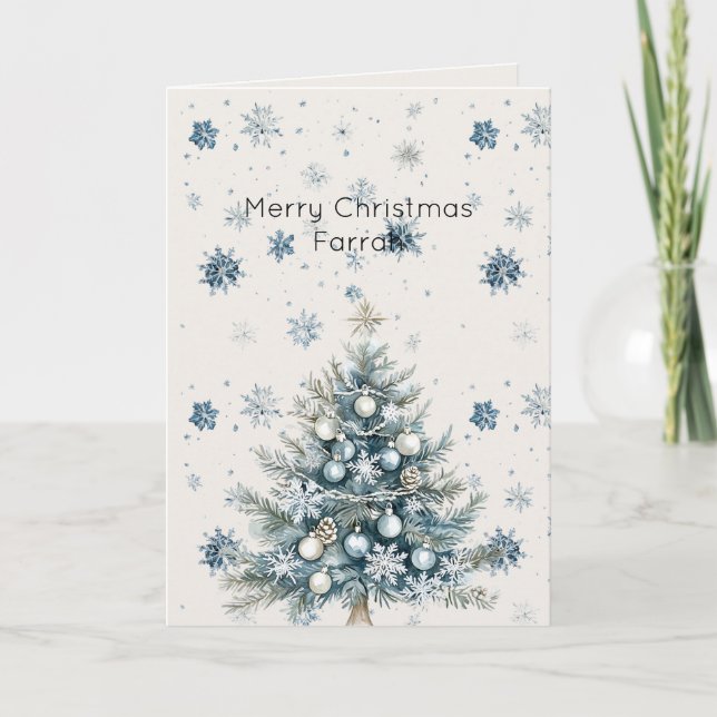 Cream Blue Snowflakes Christmas Tree Karte (Vorderseite)