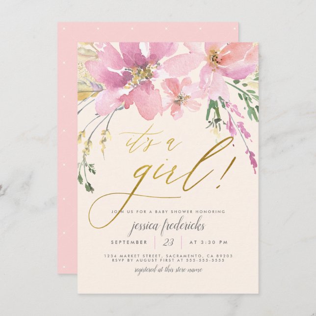 Cream Blush & Gold ist eine Girl-Floral-Baby-Dusch Einladung (Vorne/Hinten)