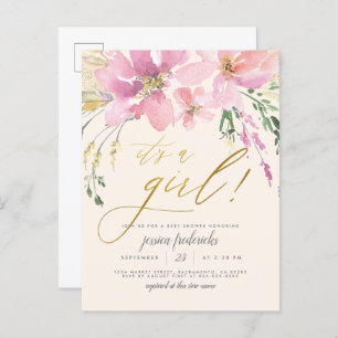 Cream Blush & Gold ist eine Girl-Floral-Baby-Dusch Einladungspostkarte