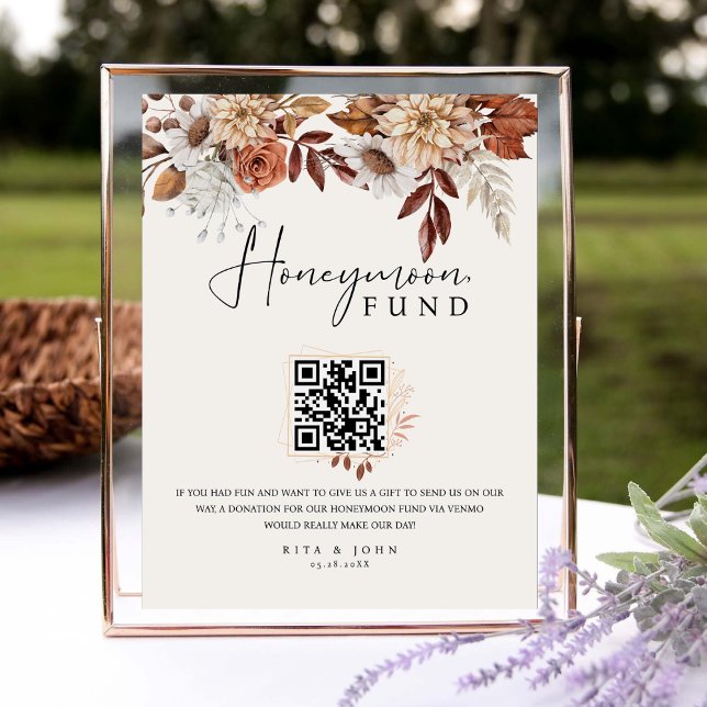 Cream Boho Honeymoon Fund QR Code Wedding Sign Sockelschild (Von Creator hochgeladen)