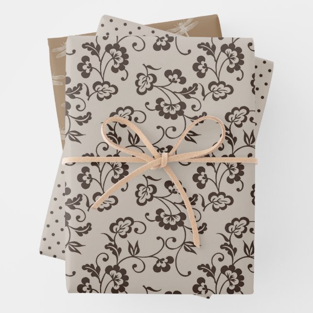 Cream Brown Blume Dots Dragonflies Geschenkpapier Set (Beispiel)