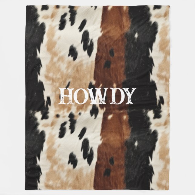 Cream Brown Cowhide Howdy Fleecedecke (Vorderseite)