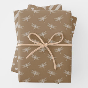 Cream Brown Dragonflies Herz Streifen Geschenkpapier Set