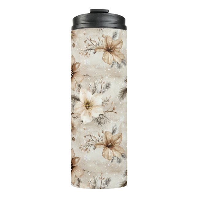 Cream Brown Floral Christmas Thermosbecher (Vorderseite)