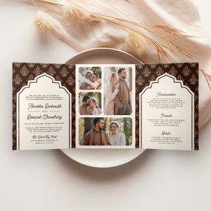 Cream Brown Ikat Foto Collage Indian Wedding Dreifach Gefaltete Einladung
