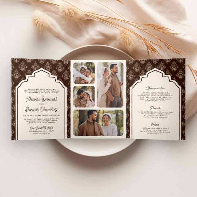 Cream Brown Ikat Foto Collage Indian Wedding Dreifach Gefaltete Einladung (Von Creator hochgeladen)