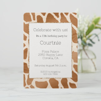 Cream Brown Safari Giraffe Tier Print Birthday Einladung