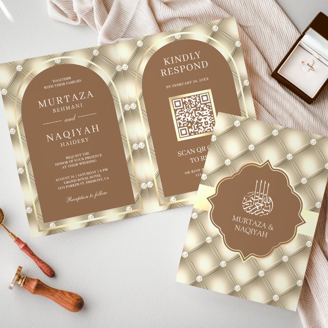 Cream Brown Tufts Muster QR Code Muslim Hochzeit Einladung (Von Creator hochgeladen)