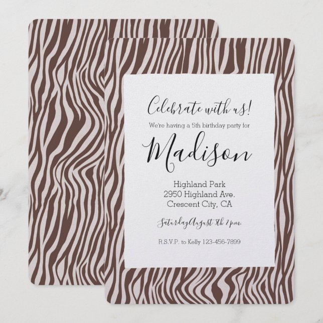 Cream Brown Zebra Print Birthday Einladung (Vorne/Hinten)