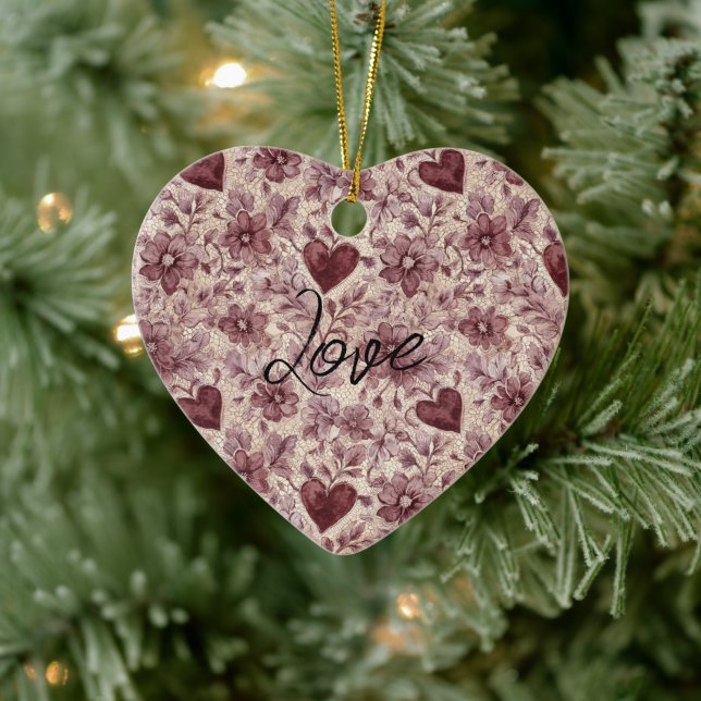 Cream Burgundy Red Hearts Flowers Keramik Ornament (Baum)