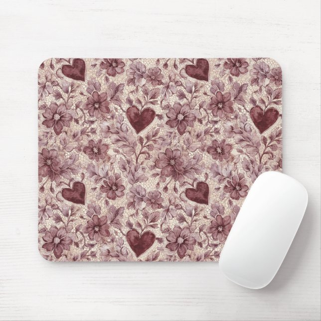 Cream Burgundy Red Hearts Flowers Mousepad (Mit Mouse)