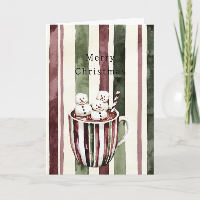 Cream Burgundy Red Stripes Christmas Snowmen Cup Karte (Vorderseite)