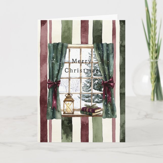 Cream Burgundy Red Stripes Window Tree Christmas Karte (Vorderseite)