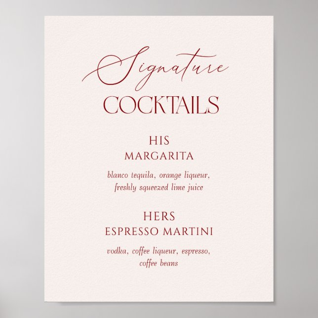 Cream & Burgundy Wedding Signature Cocktails Poster (Vorne)