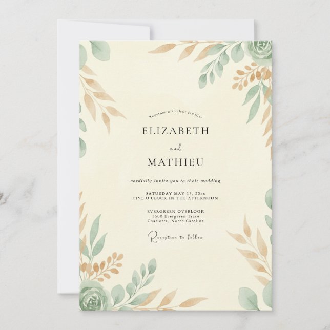 Cream Celadon Blatt Hochzeit Einladung (Vorderseite)