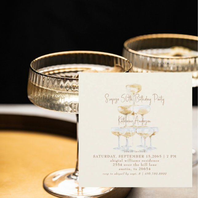 Cream Champagne Square Surprise 50th Birthday Einladung (Von Creator hochgeladen)