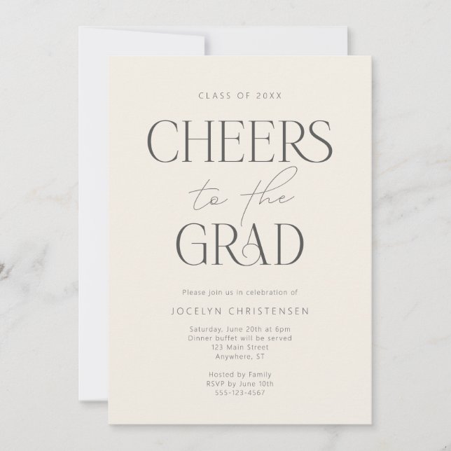 Cream Charcoal Gray Modern Cheers Grad Party Einladung (Vorderseite)