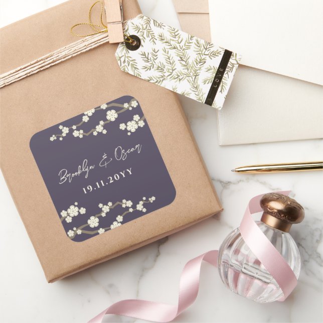 Cream Cherry Blüten Weiße Sakura Lila Hochzeit Quadratischer Aufkleber (Schenken)