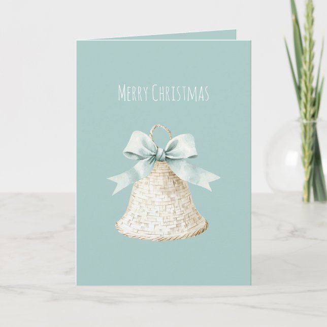 Cream Christmas Bell Pretty Blue Bow Karte (Vorderseite)