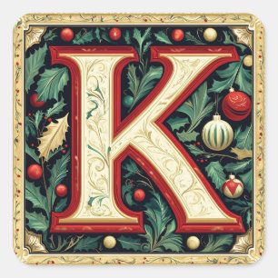 Cream & Christmas Red Letter K mit Grün Quadratischer Aufkleber