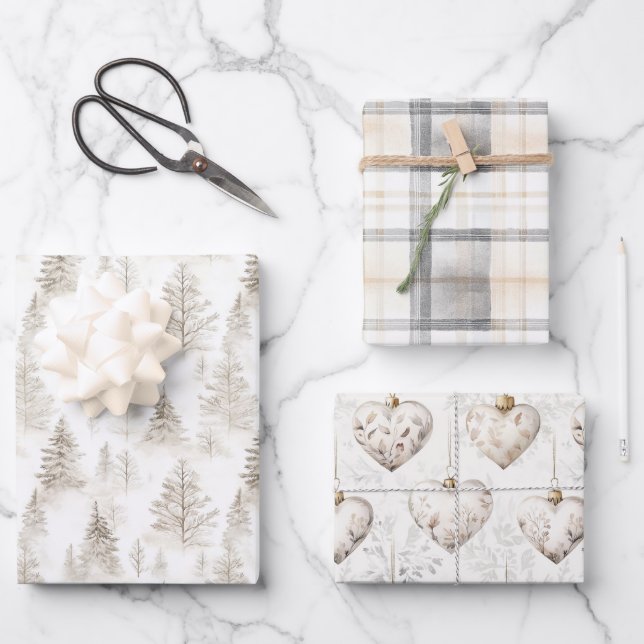 Cream Christmas Trees Hearts Plaid Stripes Geschenkpapier Set (Vorderseite)
