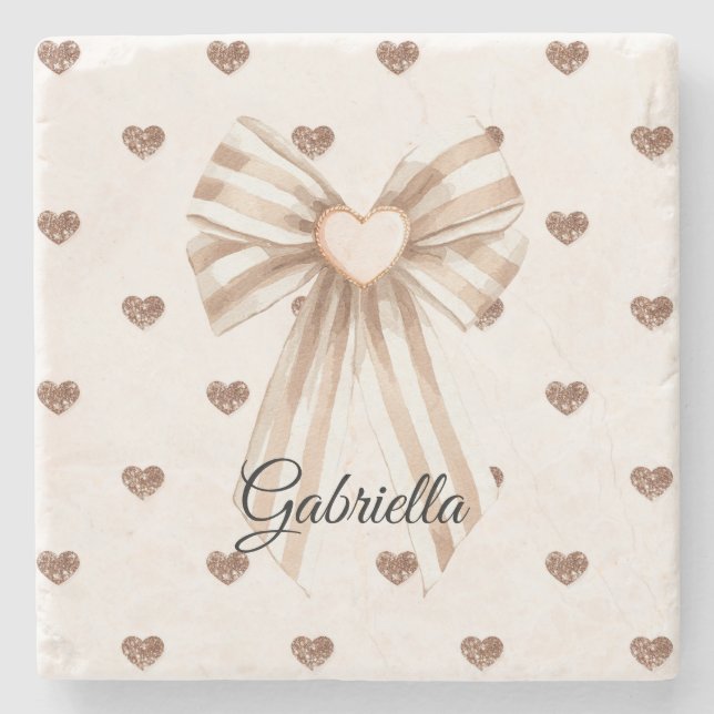 Cream Cocoa Bow Blush Pink Glitter Hearts Steinuntersetzer (Vorderseite)