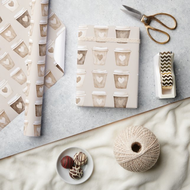 Cream Coffee Heart Cups Geschenkpapier (Kunsthandwerk)