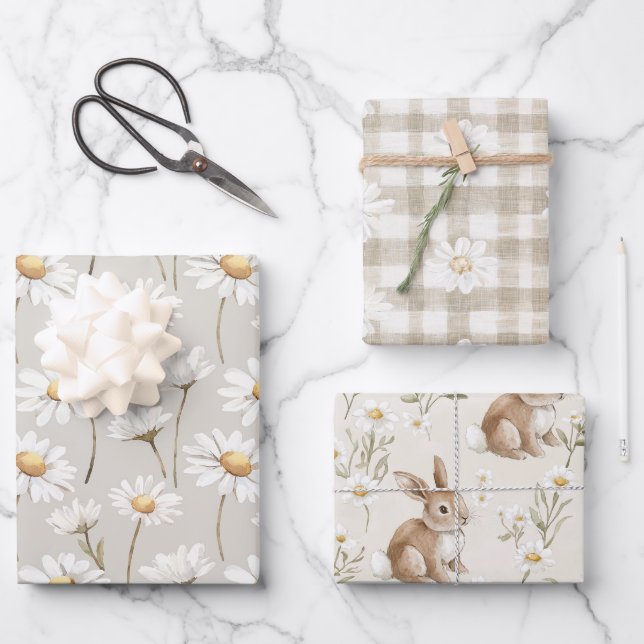 Cream Daisy Floral Bunny Rabbit Birthday Geschenkpapier Set (Vorderseite)