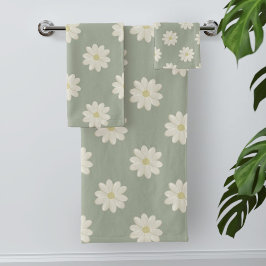 Cream Daisy Muster Sage Green Bath Set