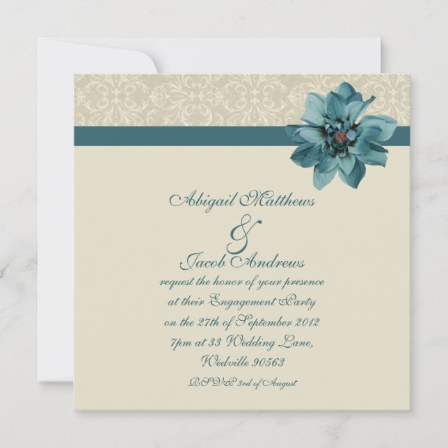 Cream Damask und Aquamarine Blue-Engagement-Partei Einladung (Vorderseite)