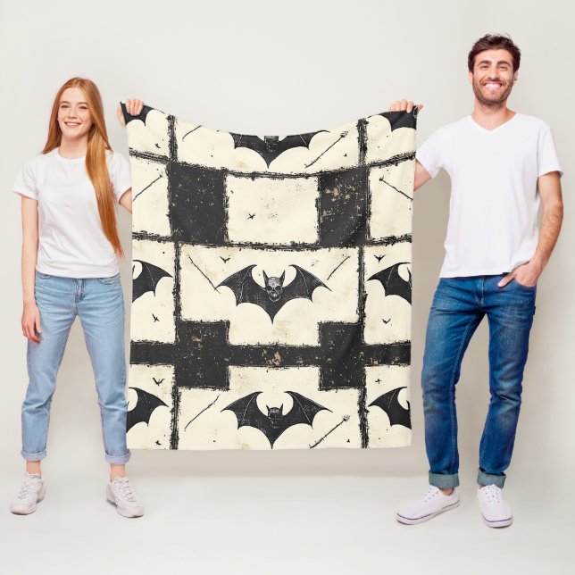 Cream Denim Grunge Patchwork mit Fledermäusen (3) Fleecedecke (Beispiel)