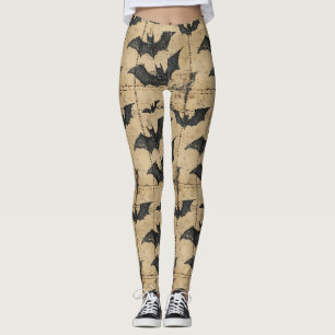 Cream Denim Grunge Patchwork mit Fledermäusen Leggings