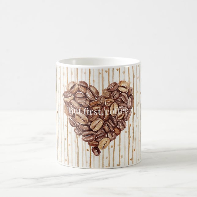 Cream Dots Stripes First Coffee Beans Heart Kaffeetasse (Mittel)