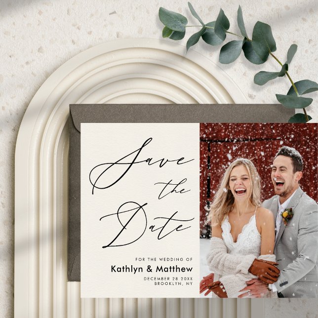 Cream Elegante Script Modernes Foto Einfache Hochz Save The Date (Von Creator hochgeladen)