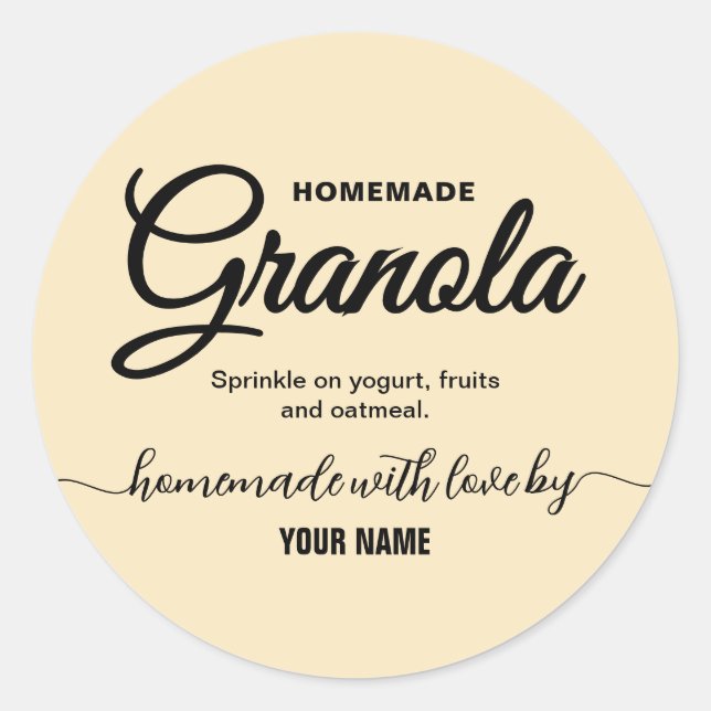 Cream Elegantes Script, hausgemachte Granola-Label Runder Aufkleber (Vorderseite)