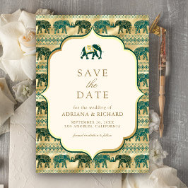 Cream Emerald Gold Elephant Indian Wedding Foto Save The Date