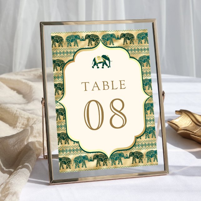 Cream Emerald Green Gold Elephant Indian Wedding Tischnummer (Von Creator hochgeladen)