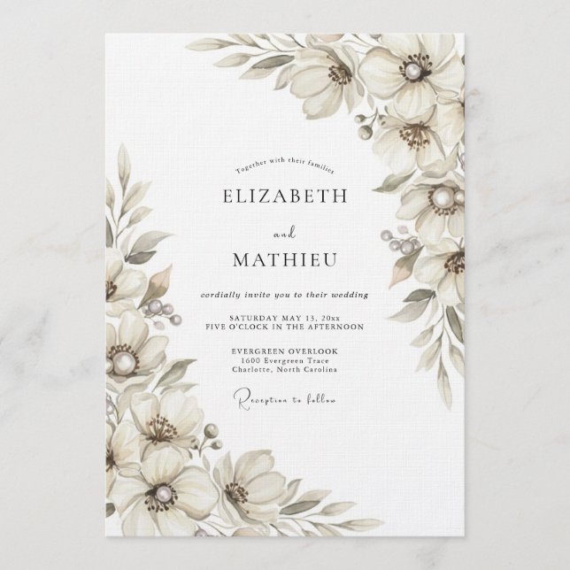 Cream Ethereal Florale Hochzeit Einladung (Vorderseite)