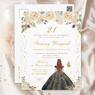 Cream Floral Brown Haar Prinzessin Geburtstagspart Postkarte