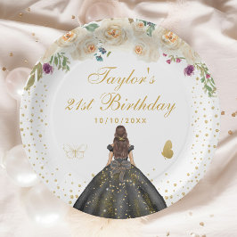 Cream Floral Brünett Hair Girl Geburtstagsparty Pappteller