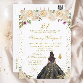 Cream Floral Dark Skin Princess Birthday Party Postkarte