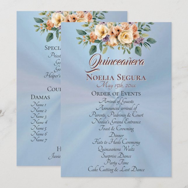 Cream Floral Quinceanera Program - Pastel Blue Programm (Vorne/Hinten)